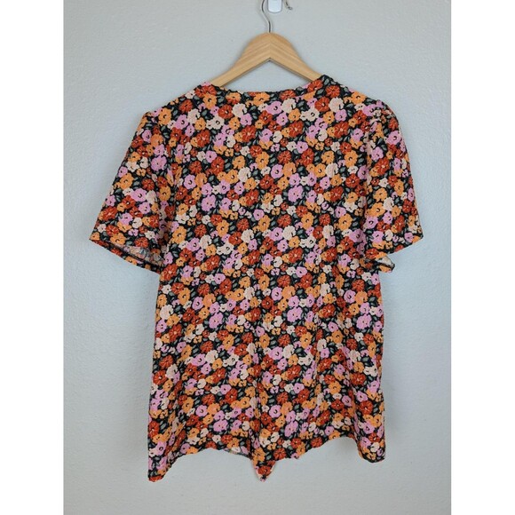 LOFT Shirt Womens XL Black Orange Pink Floral Short Sleeve Button Tie Front Top - Picture 2 of 8